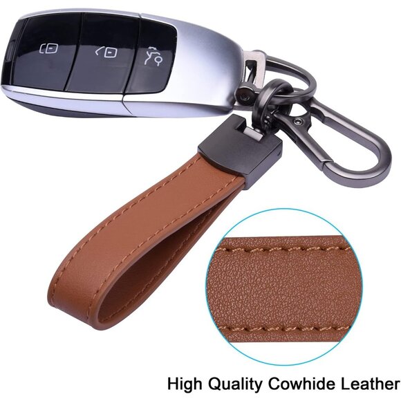 🆕 Men Brown Genuine Leather Car Keychain Universal Fob Holder Anti-Lost D-Ring - Picture 2 of 6